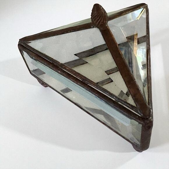 Vintage Glass Trinket Box Sunflower Signed Beveled Glass Triangle - Picture 1 of 7